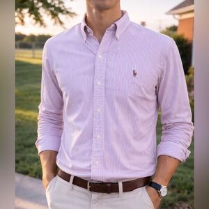 -Ralph Lauren Blue Label Wine & White Stripes Button-Down L/S Mens Shirt Size XL